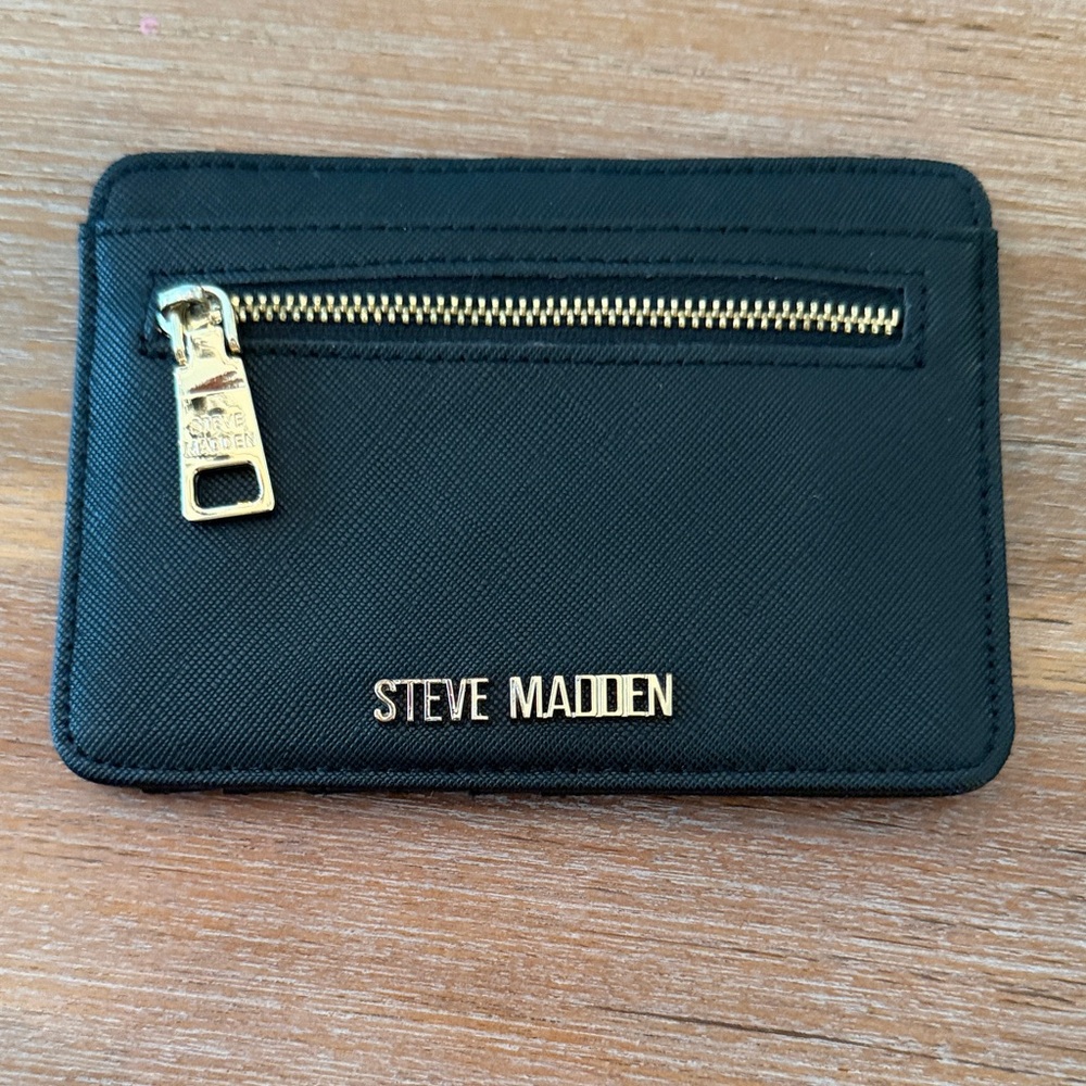 Steve Madden Black Card Holder with Gold Zipper
